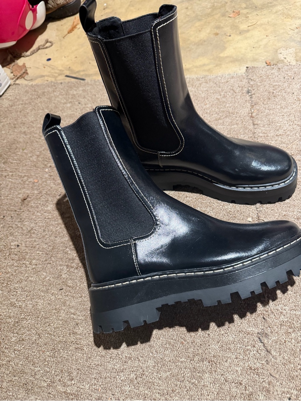 Black block heel Boots with Contrast Stitching - Picture 2 of 3